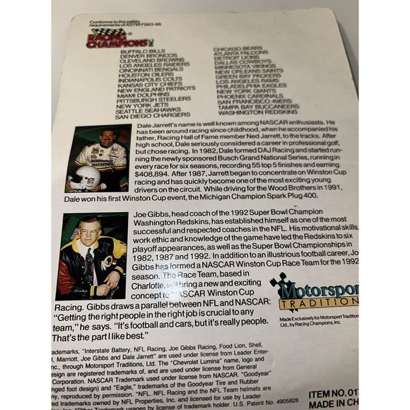 1992 Racing Champions NFL Racing New York Giants 1:64 Scale Dale Jarrett #18 Car - Picture 4 of 4